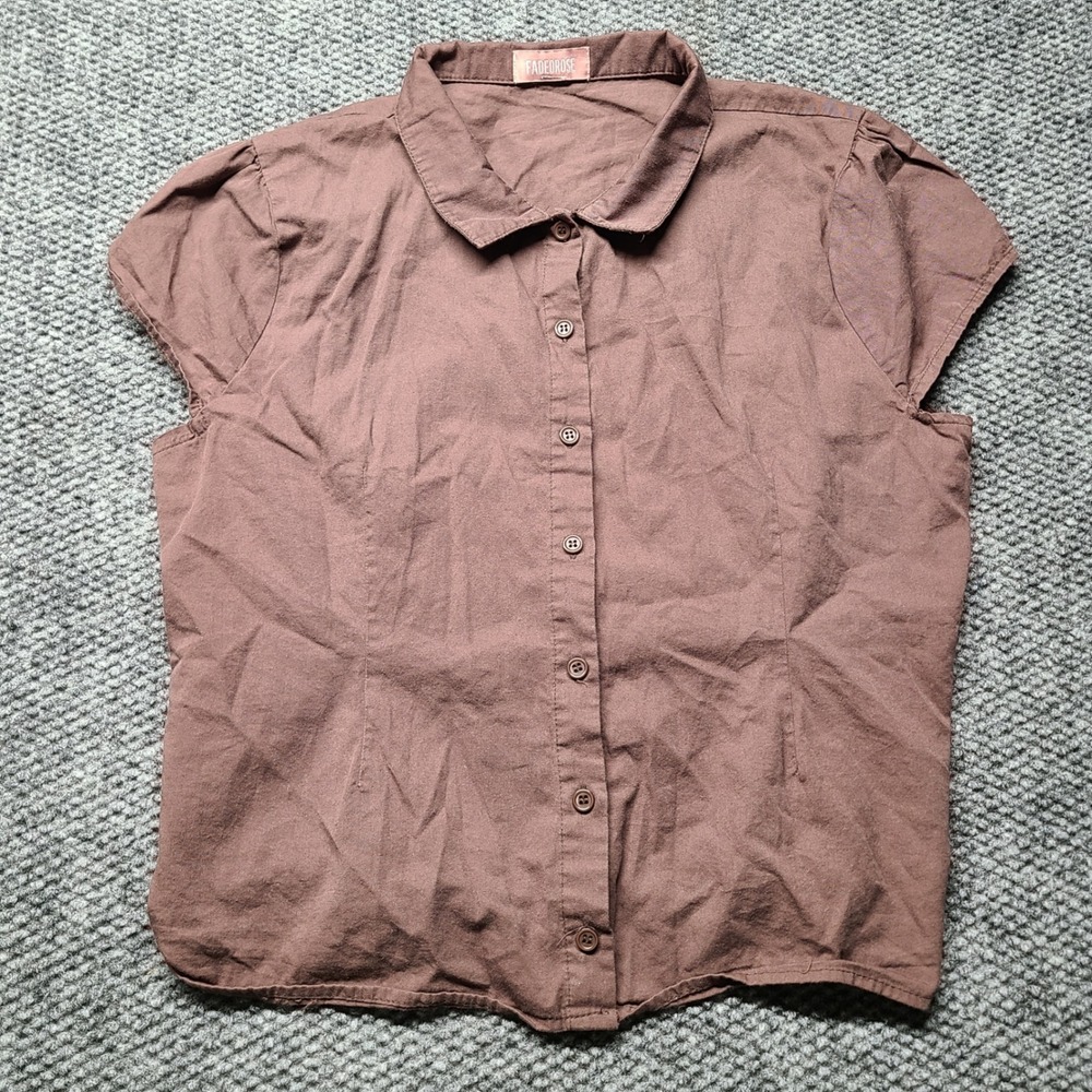 Fadedrose Women Brown Cotton Short Sleeve Button Down Tie Back Top XL Y2K